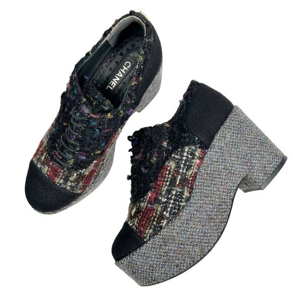 CHANEL Multicolor Tweed Cap Toe Oxford Platforms Size EU 37 - Picture 1 of 10